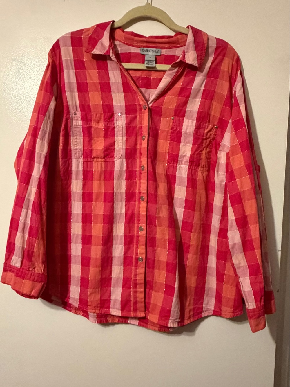4/$25 Catherines Women’s Pink Orange Plaid Button-Down Shirt
